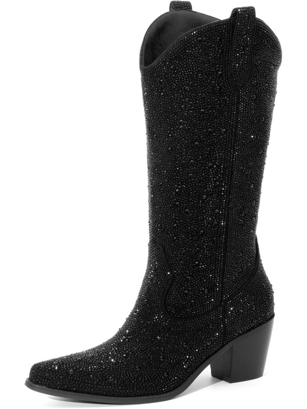 Women’s Rhinestone Cowboy Boots Mid Calf Pointed Toe Sparkly Block Heel Cowgirl